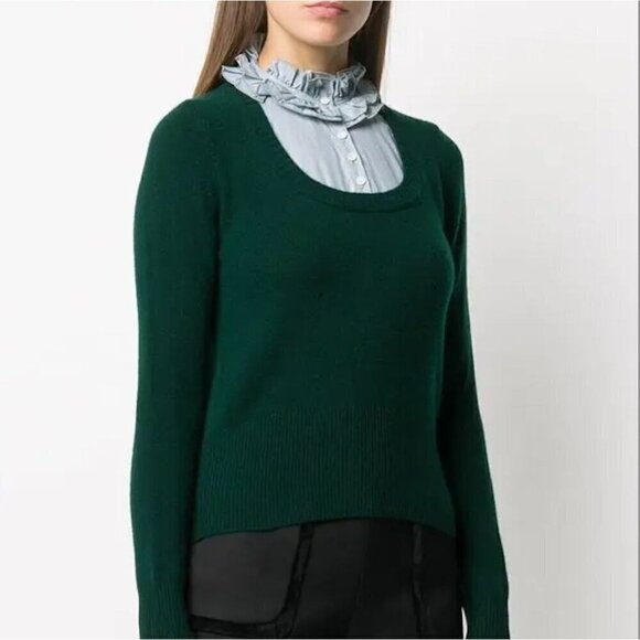 Sandro Bottle Green Ruffle Neck 100% Wool 100% Cotton Layered Pullover Sweater L - Picture 2 of 12